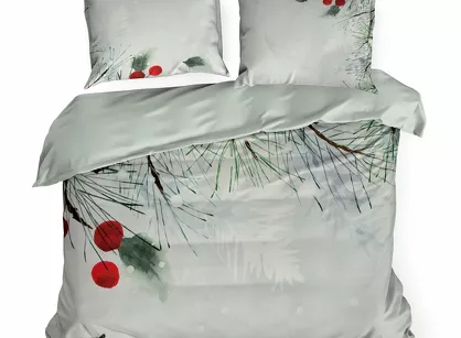 Pościel świąteczna 220x200 ROBIN jasny szary zielona panelowy nadruk z mikrowłókna