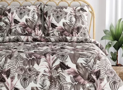 Pościel bawełniana 160x200 DAVOS 2B biała z wzorem egzotycznych fioletowych liści
