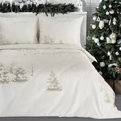 Pościel świąteczna 220x200 SNOWFLAKE jasny beż zimowa sceneria z mikrowłókna