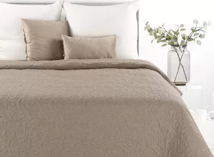Narzuta jednokolorowa 200x220 LEN 4 beżowa pikowana w ornamentowy wzór imitująca len