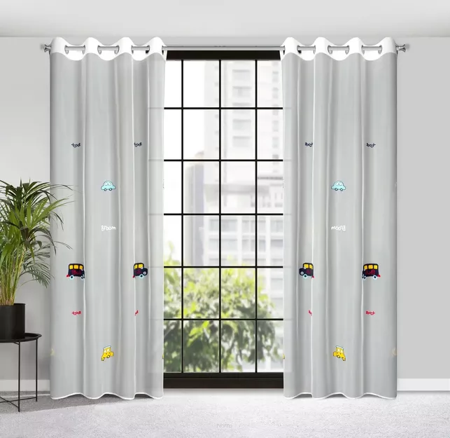 Firana na przelotkach 140x250 ALVIN biała z haftem dziecięcym w samochodziki
