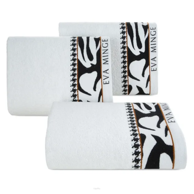 Ręcznik 50x90 EVA 6 Eva Minge biały zdobiony drukowaną bordiurą z abstrakcyjnym wzorem i paskiem pepitki