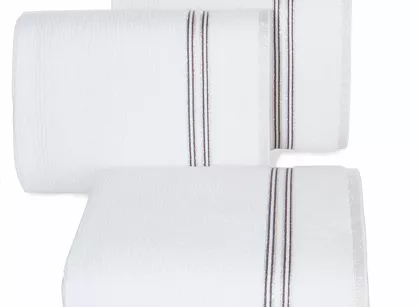 Ręcznik 50x90 FILON biały zdobiony bordiurą w prążki z połyskującą srebrną nicią