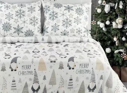 Pościel świąteczna 160x200 DWARF biało stalowa wzór skrzatów z bawełny renforce