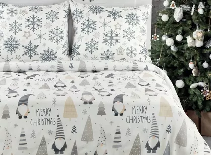 Pościel świąteczna 160x200 DWARF biało stalowa wzór skrzatów z bawełny renforce