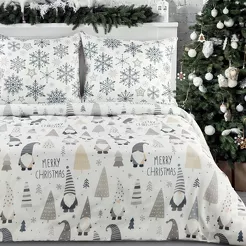 Pościel świąteczna 160x200 DWARF biało stalowa wzór skrzatów z bawełny renforce