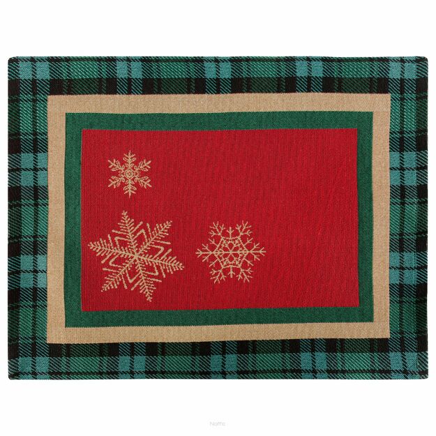 Serwetka gobelinowa 35x45 CHERRY czerwona z zieloną kratką z wzorem złotych śnieżynek