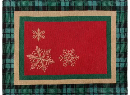 Serwetka gobelinowa 35x45 CHERRY czerwona z zieloną kratką z wzorem złotych śnieżynek