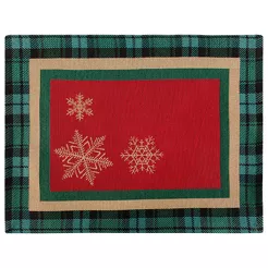 Serwetka gobelinowa 35x45 CHERRY czerwona z zieloną kratką z wzorem złotych śnieżynek