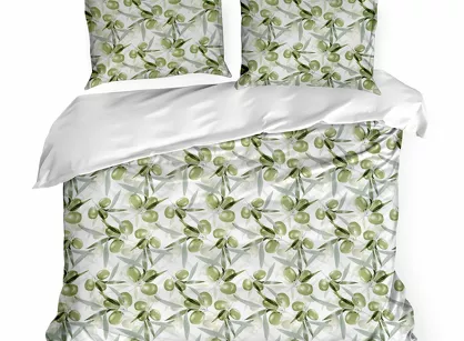 Pościel satynowa 220x200 SPRING 84 biała zielona z wzorem roślinnym z kolekcji Classic