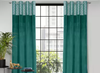 Zasłona gotowa na przelotkach 140x250 AGNES welwetowa turkusowa ze złotym nadrukiem Design 91