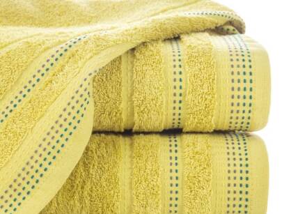 Ręcznik bawełniany 70x140 POLA musztardowy z kolorową bordiurą zakończoną stebnowaniem