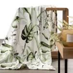 Koc z mikrowłókna ELLEN biały z nadrukiem oliwkowych egzotycznych liści - 5