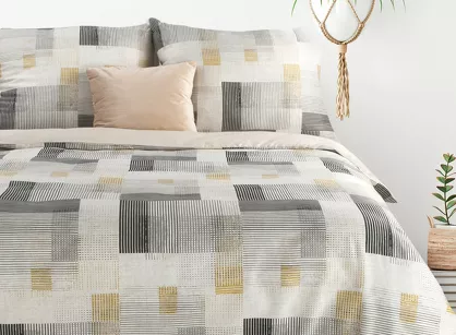 Pościel z mikrowłókna 220x200 HOME 6 stalowa musztardowa wzór geometryczny