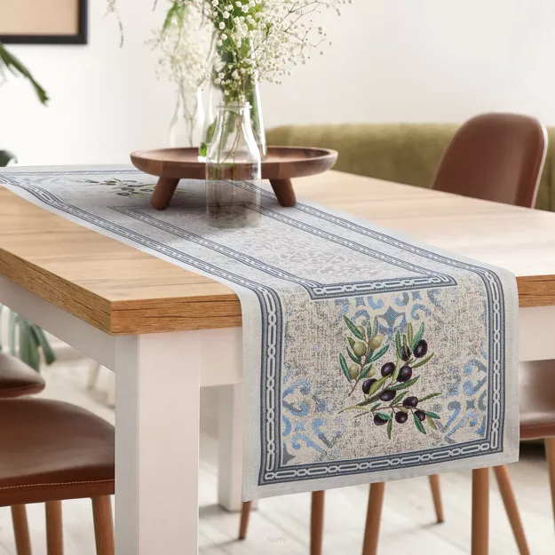 Bieżnik gobelinowy 45x140 4094 naturalny niebieski gałązka oliwna