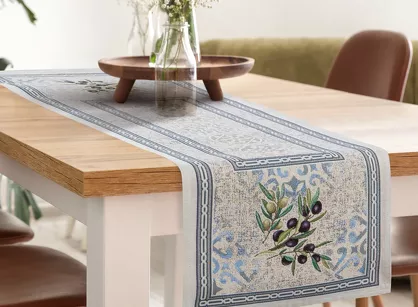 Bieżnik gobelinowy 45x140 4094 naturalny niebieski gałązka oliwna