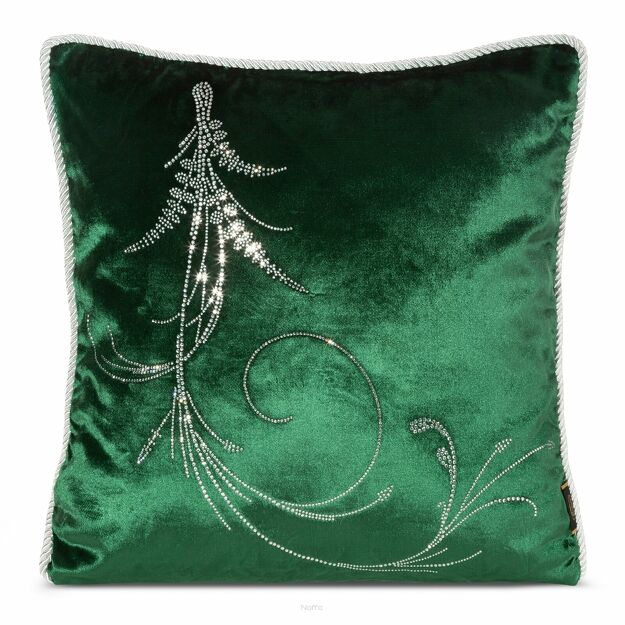 Poszewka welwetowa 45x45 ROYAL 10 ciemna zieleń zdobiona wzorem w kryształki i obszyta srebrnym sznurkiem