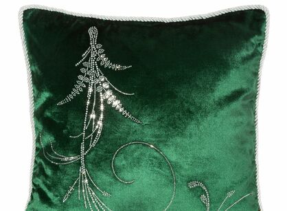 Poszewka welwetowa 45x45 ROYAL 10 ciemna zieleń zdobiona wzorem w kryształki i obszyta srebrnym sznurkiem