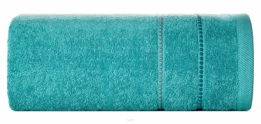 Ręcznik 30x50 SUZI turkusowy z kontrastującą stebnowaną bordiurą w delikatne paseczki 500 g/m2