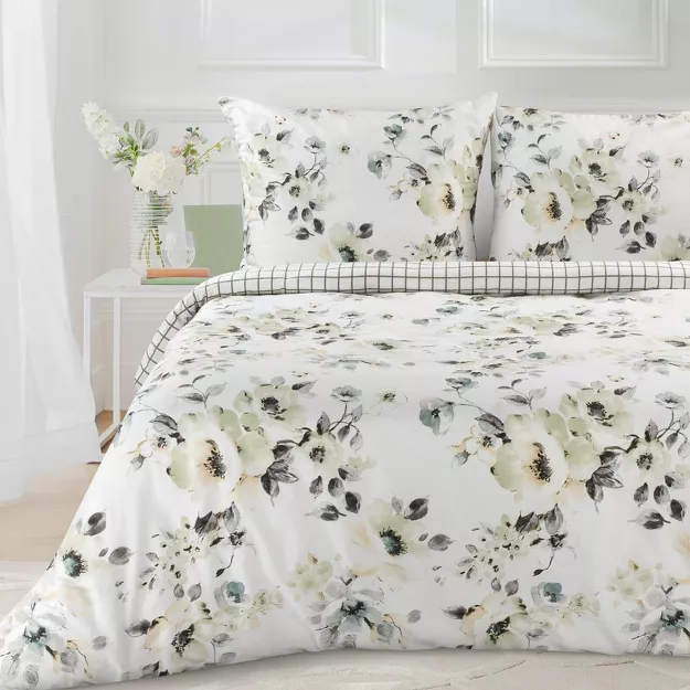 Pościel satynowa 220x200 SPRING 32 biała oliwkowa z nadrukiem roślinnym