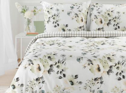 Pościel satynowa 220x200 SPRING 32 biała oliwkowa z nadrukiem roślinnym