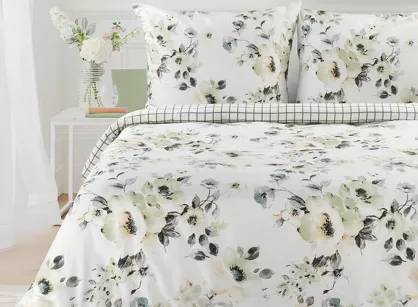 Pościel satynowa 220x200 SPRING 32 biała oliwkowa z nadrukiem roślinnym