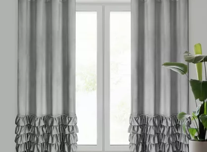 Zasłona na przelotkach 140x250 CARLI welwetowa srebrna jednokolorowa zdobiona w dolnej części falbanami z paskiem cyrkonii