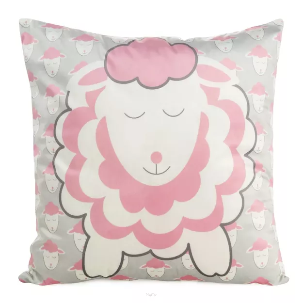 Poszewka welwetowa 45x45 KIDS 7A dziecięca srebrna z różowym wzorem baranków