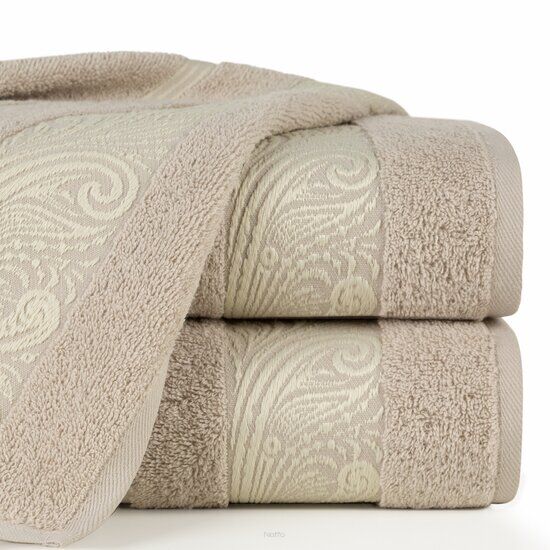 Ręcznik bawełniany 50x90 SYLWIA 1 beżowy z bordiurą żakardową w ornamentowy wzór
