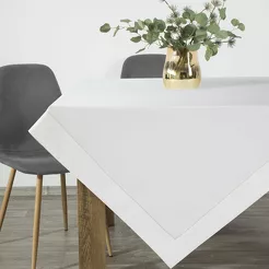 Obrus elegancki 140x220 MADELE biały zdobiony srebrną lamówką