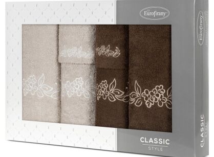 Komplet ręczników 6 szt. CLAVIA beżowe brązowe z haftowanym wzorem roślinnym w kartonowym pudełku