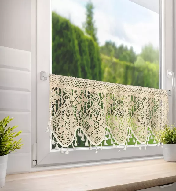 Zazdrostka w tunelu 150x30 MOLY jasny beż z bawełny ażurowy wzór z frędzelkami