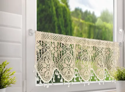 Zazdrostka w tunelu 150x30 MOLY jasny beż z bawełny ażurowy wzór z frędzelkami