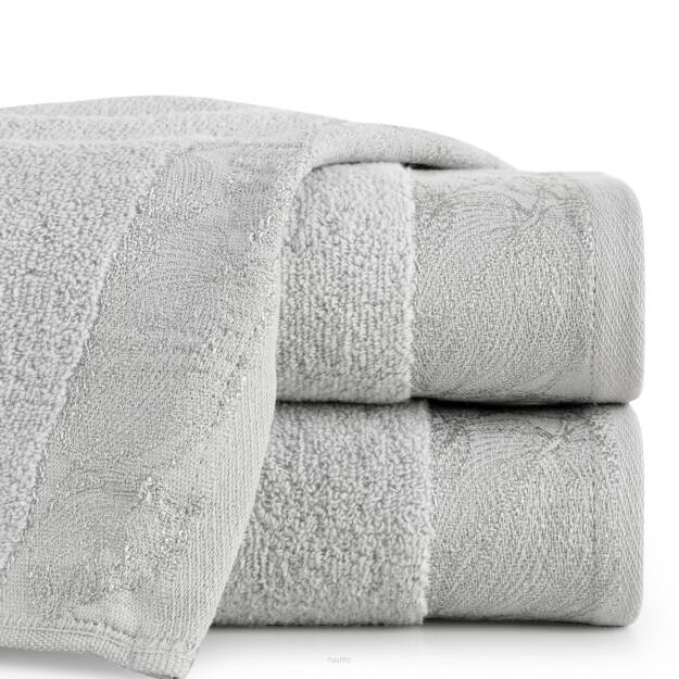 Ręcznik bawełniany 50x90 AGIS srebrny puszysty z żakardową bordiurą liści lilii wodnej