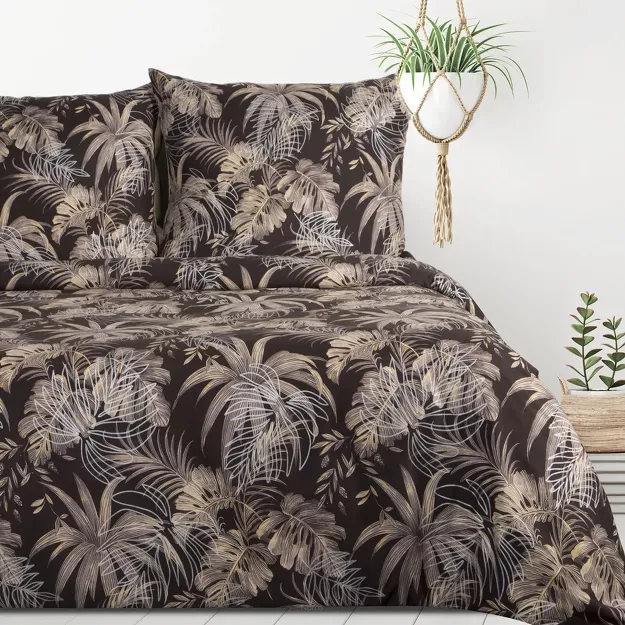 Pościel z mikrowłókna 140x200 RODOS ciemny brąz ze srebrnym nadrukiem beżowych egzotycznych liści Design 91