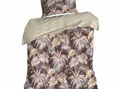 Pościel z mikrowłókna 140x200 RODOS ciemny brąz ze srebrnym nadrukiem beżowych egzotycznych liści Design 91