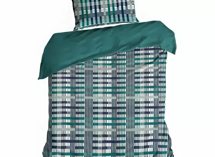 Pościel satynowa 140x200 NIKA 47 ciemny turkus z szarym geometrycznym wzorem z kolekcji Nova Print