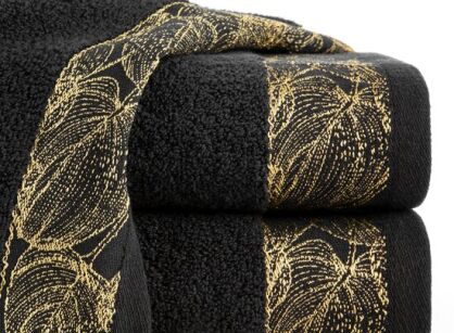 Ręcznik bawełniany 50x90 AGIS czarny puszysty z żakardową bordiurą liści lilii wodnej
