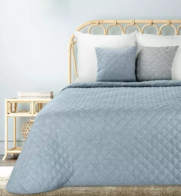 Narzuta jednokolorowa 170x210 LEN 1 niebieska pikowana imitująca len