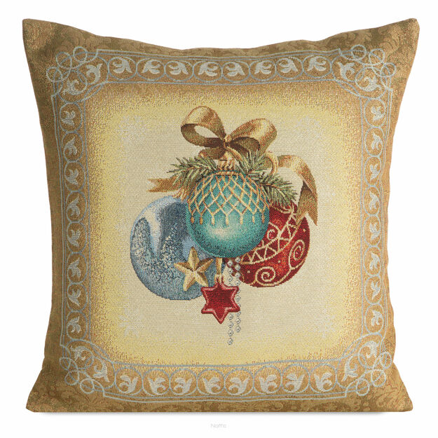 Poszewka świąteczna 45x45 4069 gobelinowa beżowa z bombkami i połyskującą nicią złotą