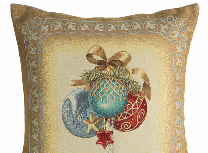 Poszewka świąteczna 45x45 4069 gobelinowa beżowa z bombkami i połyskującą nicią złotą