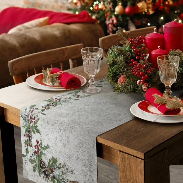 Bieżnik świąteczny 50x110 1256 gobelinowy beżowy utkany nicią szenilową z wzorem zielonych gałązek