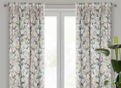 Zasłona na taśmie 140x270 IRMA zielona beżowa w stylu eko wzór kwiatowy z ukrytymi szelkami