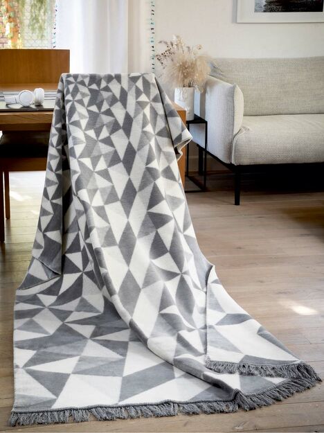 Koc bawełniany 150x200 1711-1 biały szary z frędzlami