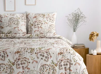 Pościel bawełniana 160x200 JULITA jasno szary z wzorem brązowych dmuchawców z kolekcji Classic