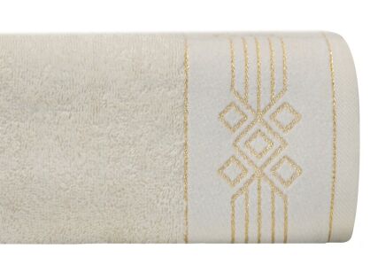 Ręcznik bawełniany 50x90 KAMELA kremowy z bordiurą z geometrycznym srebrnym ornamentem