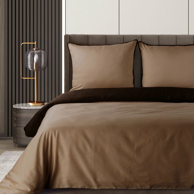 Pościel z makosatyny 160x200 LUNARA brązowa jasny brąz z ozdobnym sznurem pasmanteryjnym