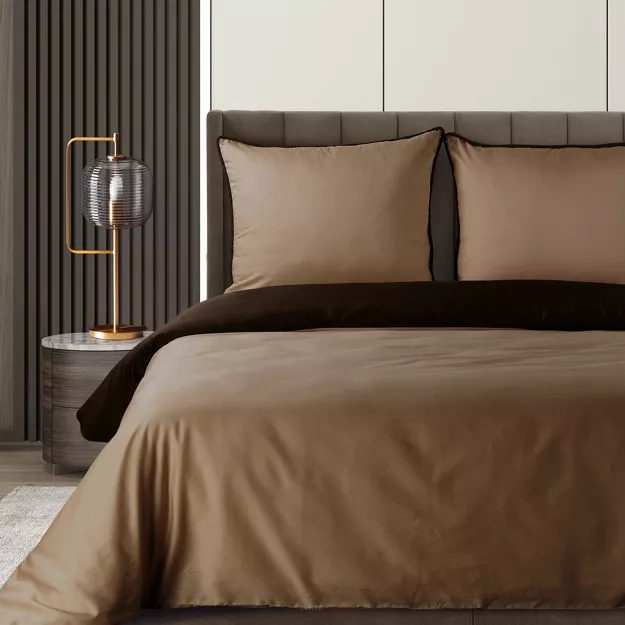 Pościel z makosatyny 160x200 LUNARA brązowa jasny brąz z ozdobnym sznurem pasmanteryjnym