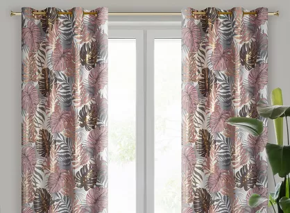 Zasłona na przelotkach 140x250 KORFU pudrowa ze wzorem liści i złotym nadrukiem