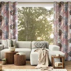 Zasłona gotowa na przelotkach 140x250 KORFU pudrowa ze wzorem liści i złotym nadrukiem